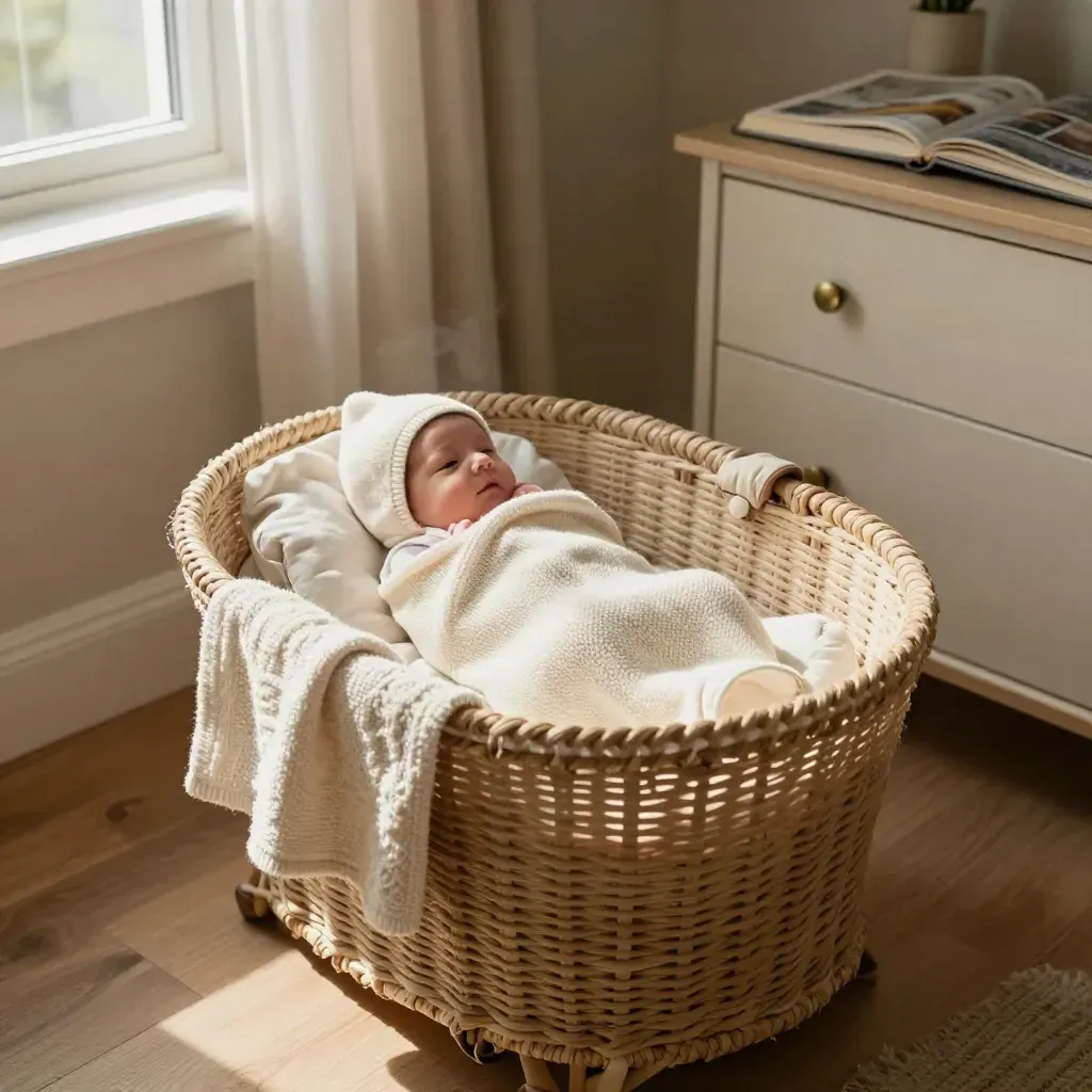 Woven bassinet, knit swaddle, bonnet and album in a sunlit nursery corner.