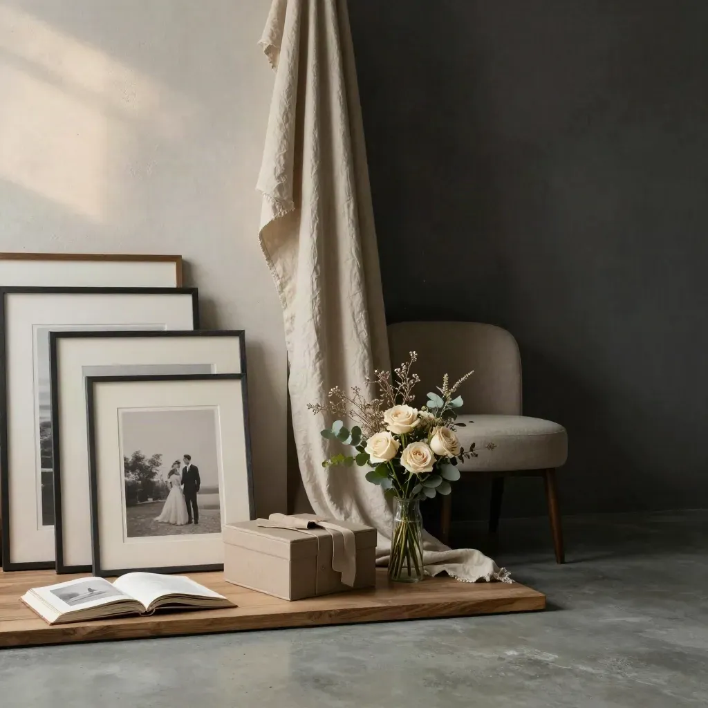 Luxury photo studio corner with framed prints, album, print box, chair, backdrop and bouquet.