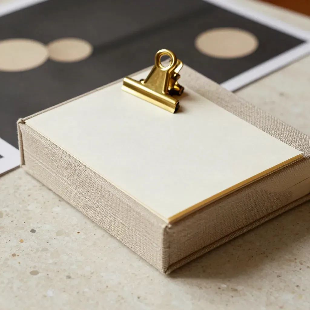 Linen portfolio box, proof prints and brass clip on a travertine worktable.