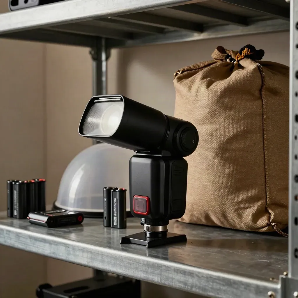 Flash head, batteries, diffuser dome, and sandbag on a metal shelf in a prep bay