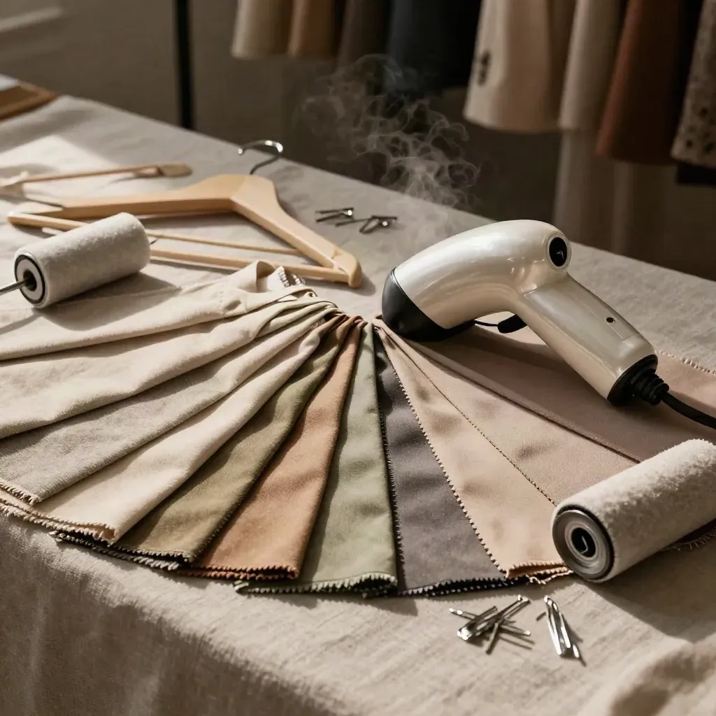Fabric swatches, steamer, hangers, lint roller and clip pins on a linen prep surface.