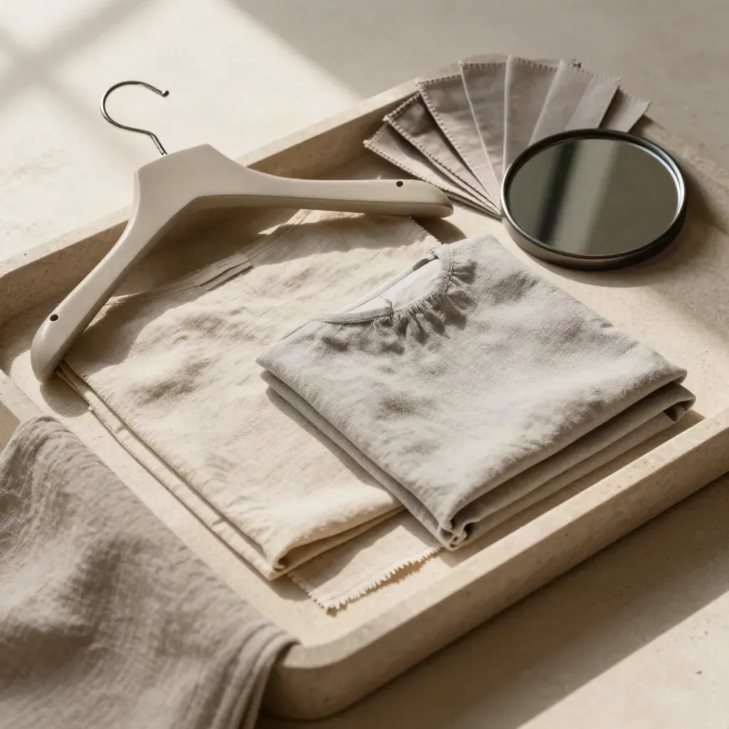 Overhead tray still life with fabric swatches, hanger, folded outfits, and a small mirror