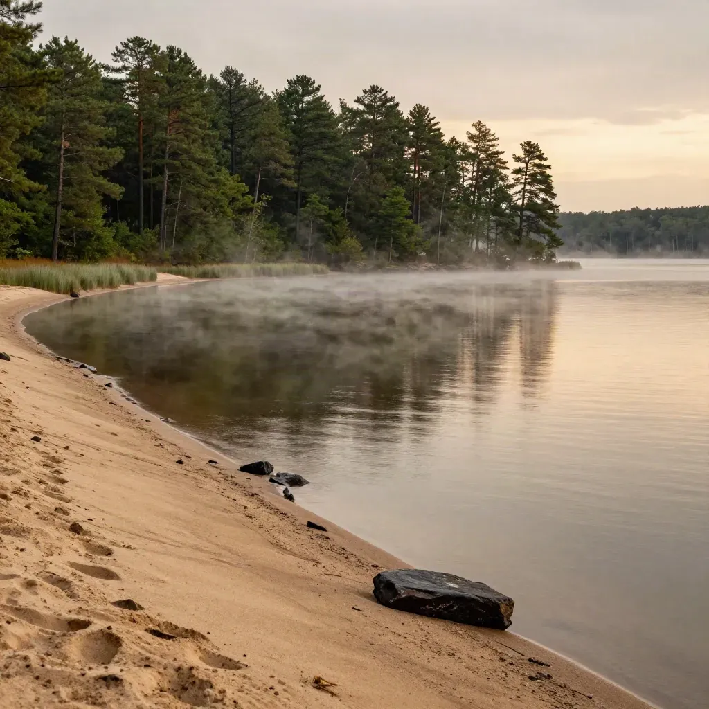 Jordan Lake shoreline with pine ridgeline, soft storm glow, mist, and calm open water.